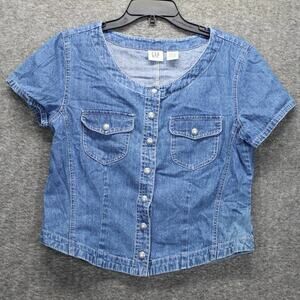 Vintage Y2K 90s Gap Cropped Denim Jean Button Shirt Blue Medium